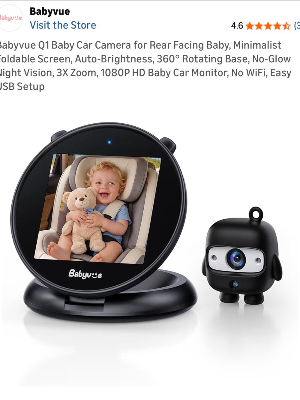 Black Baby Car Camera Monitor with Foldable Screen